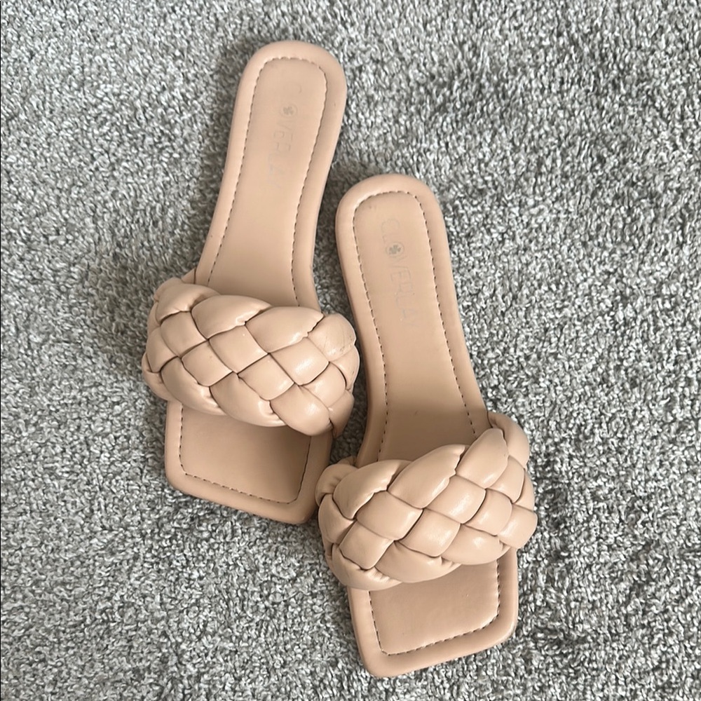 Braided Tan Slide Square Toe Sandals